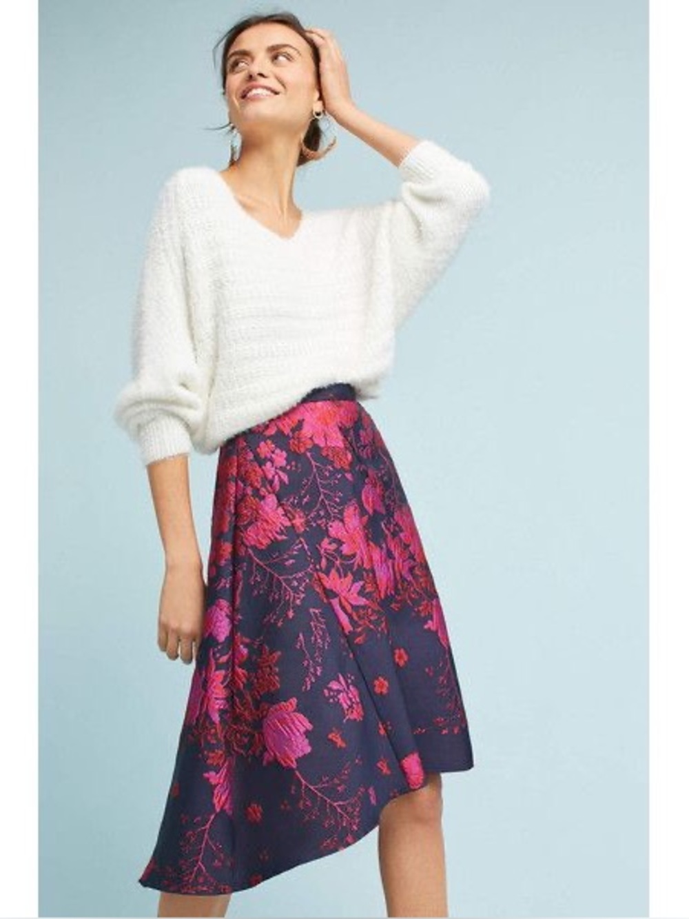 Anthropologie - Eva Franco - Floral A-Line Midi Skirt in Burgundy and Fuchsia 2